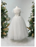 Cold Shoulder Ivory Pearls Tulle Flower Girl Dress